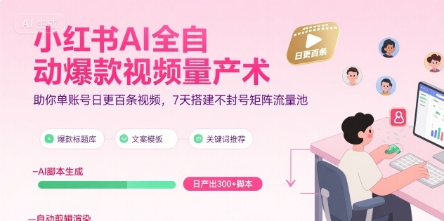 小红书AI全自动爆款视频量产术，助你单账号日更百条视频，7天搭建不封号矩阵流量池-朽念云创