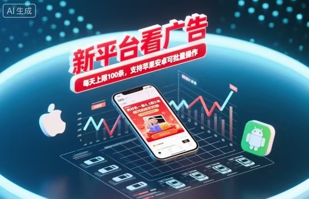 新台看广告，养好机一条5毛到5块，单机日入30到100，支持苹果安卓，可批量操作。-朽念云创