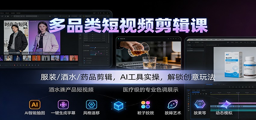 多品类短视频剪辑课：服装/酒水/药品剪辑，AI工具实操，解锁创意玩法-朽念云创