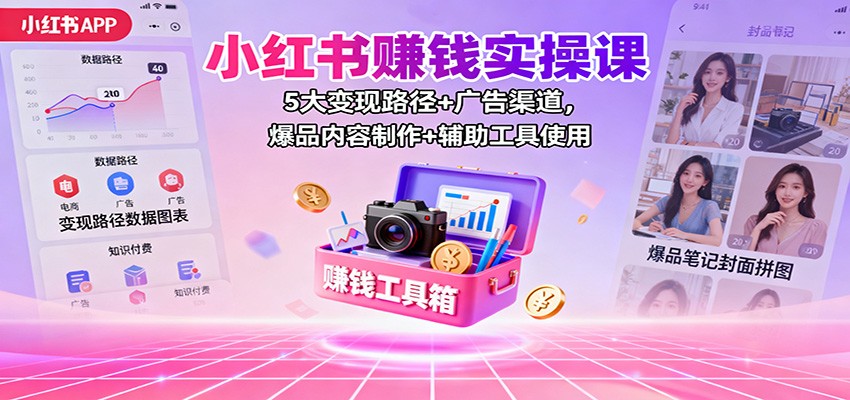 小红书赚钱实操课:5大变现路径+广告渠道,爆品内容制作+辅助工具使用-朽念云创