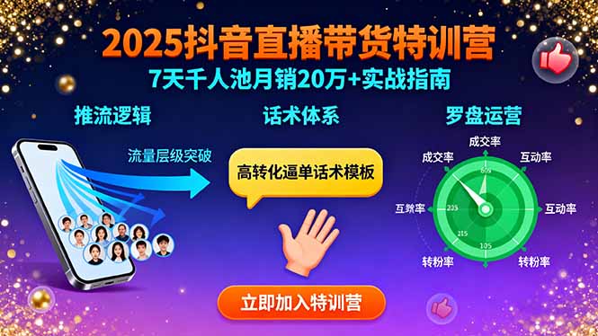 2025抖音直播带货特训：推流逻辑、话术体系、罗盘运营,7天千人池月销20万+-朽念云创
