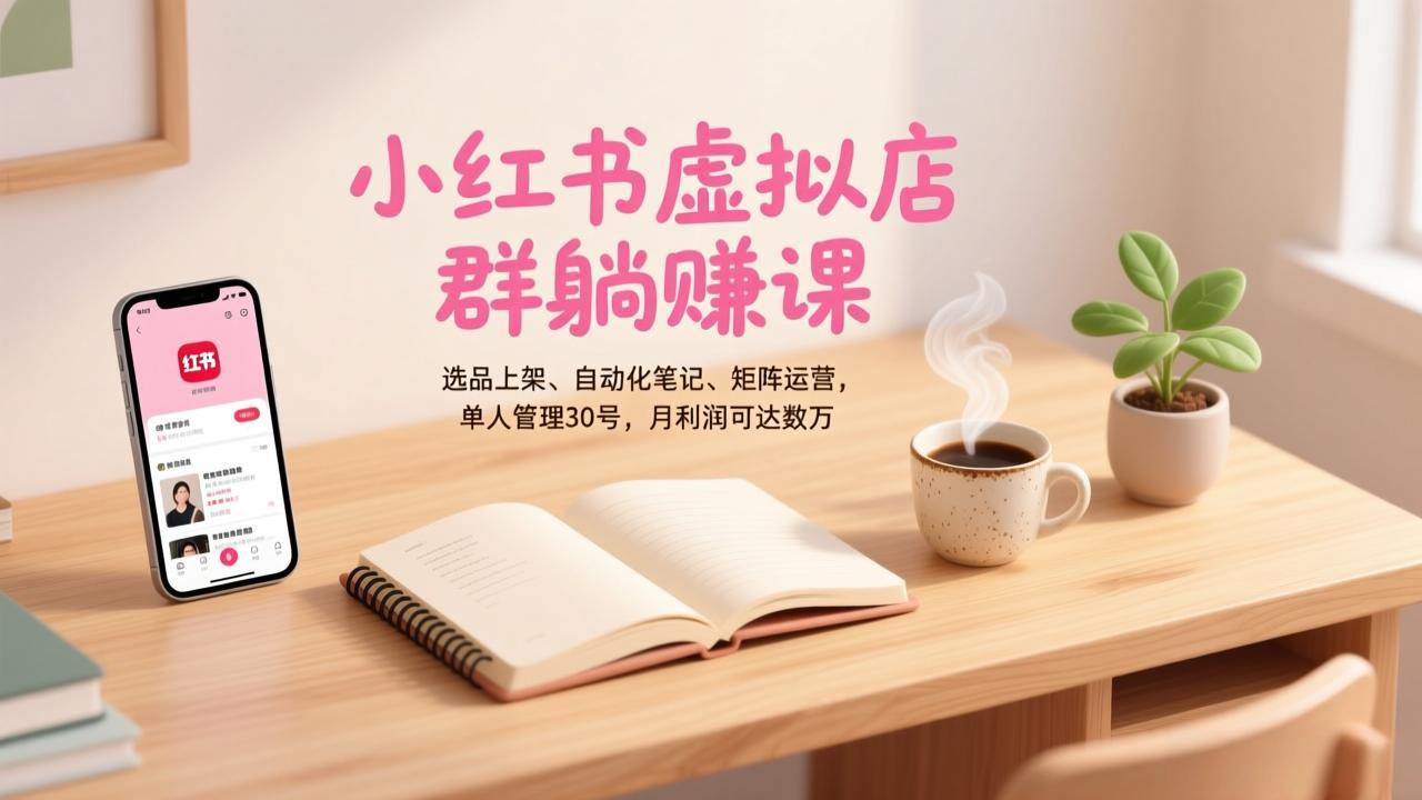 小红书虚拟店群躺赚课，选品上架、自动化笔记、矩阵运营，单人管理30号，月利润可达数万-朽念云创