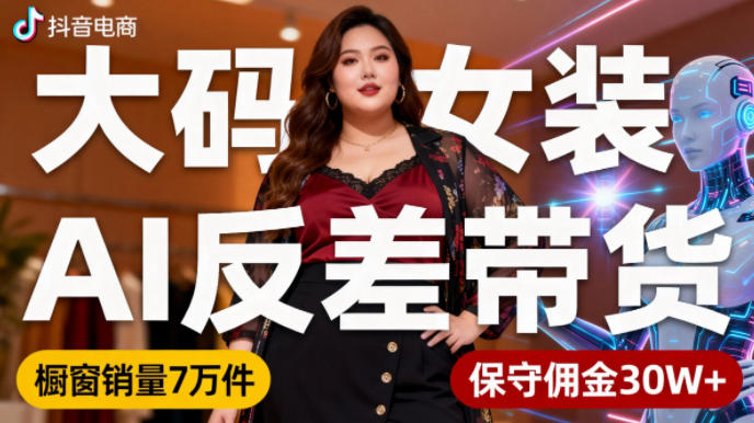 抖音小众赛道，大码女装AI反差带货，不用直播，每天6条作品，橱窗卖7万件，保守佣金30W+-朽念云创