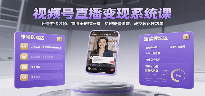 视频号直播变现系统课，账号开通装修、直播全流程准备、私域流量运营、成交转化技巧等-朽念云创