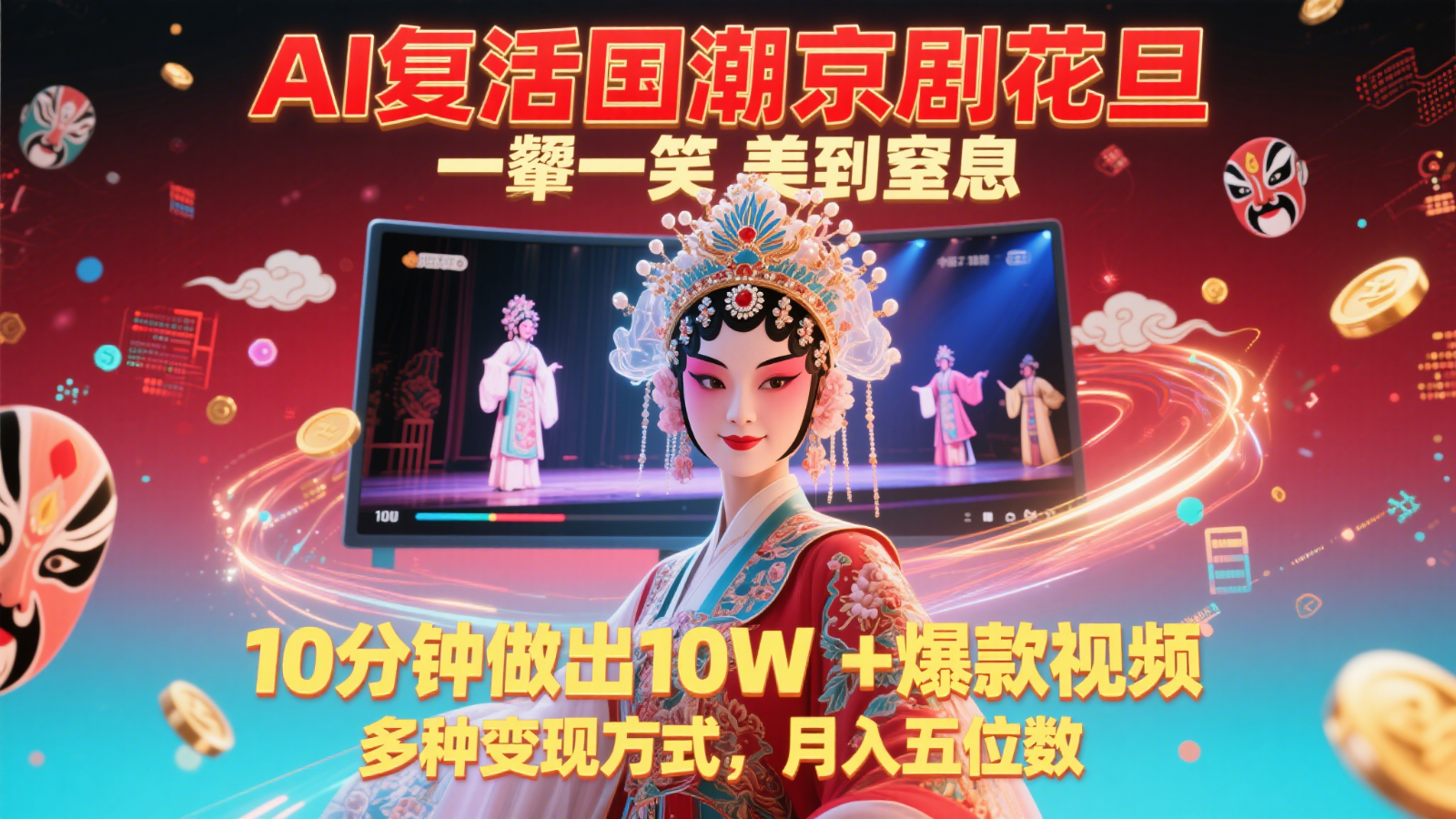AI复活国潮京剧花旦，一颦一笑美到窒息，10分钟做出10W+爆款视频，多种变现方式-朽念云创
