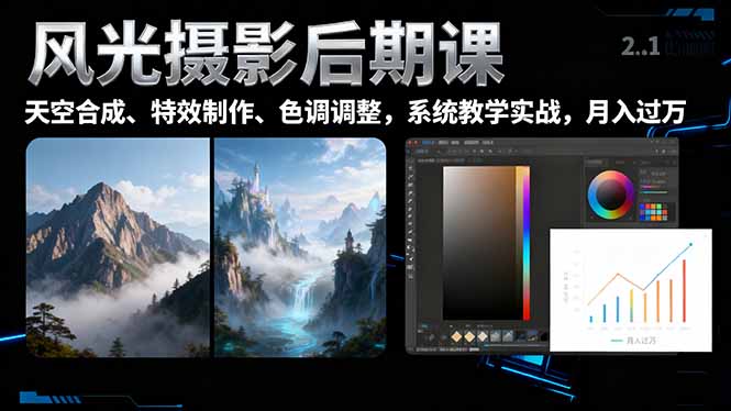 风光摄影后期课，一键换天空合成、特效制作、色调调整，月入过万-朽念云创