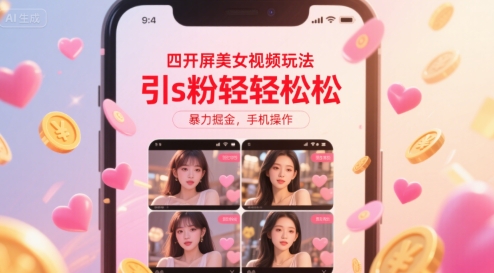 四开屏美女视频玩法，引s粉轻轻松松，暴力掘金，手机操作【揭秘】-朽念云创
