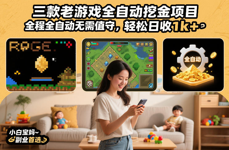 三款老游戏全自动挖金项目，全程全自动无需值守，轻松日收1k+，小白宝妈副业首选【揭秘】-朽念云创