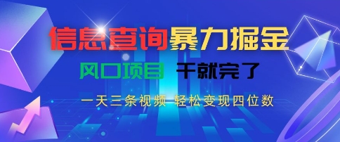 信息查询暴力掘金，一天三条视频，轻松变现四位数，风口项目干就完了【揭秘】-朽念云创