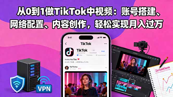 从0到1做TikTok中视频：账号搭建、网络配置、内容创作，轻松实现月入过万-朽念云创