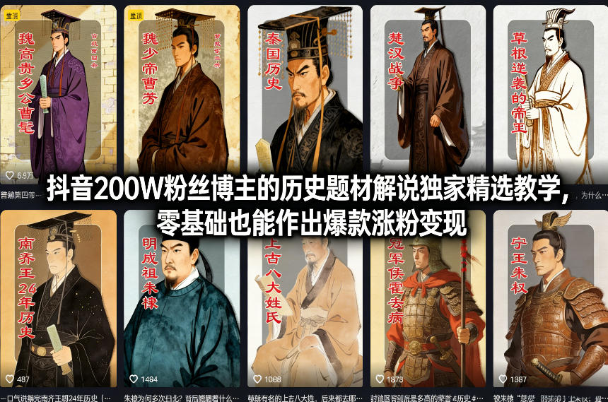 抖音200W粉丝博主的历史题材解说独家精选教学，零基础也能作出爆款涨粉变现-朽念云创