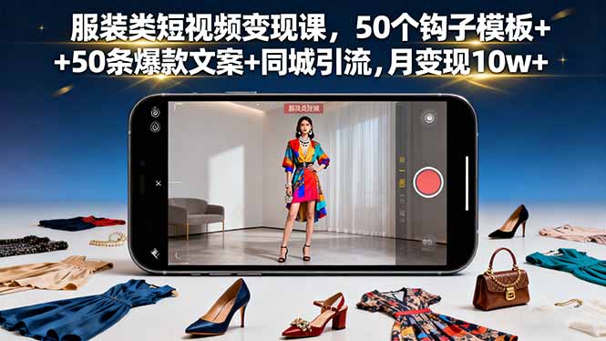 服装类短视频变现课，50个钩子模板+50条爆款文案+同城引流，月变现10w+-朽念云创