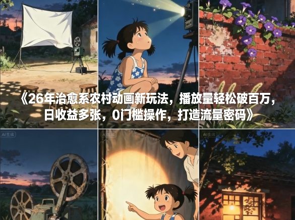 26年治愈系农村动画新玩法，播放量轻松破百万，日收益多张，0门槛操作，打造流量密码-朽念云创