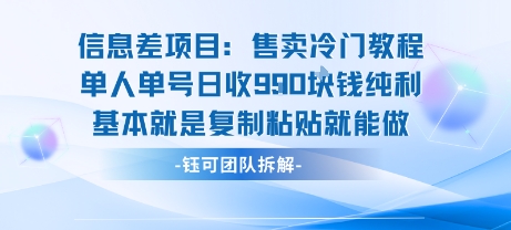 信息差项目：售卖冷门教程单人单号日收9张纯利基本就是复制粘贴就能做-朽念云创