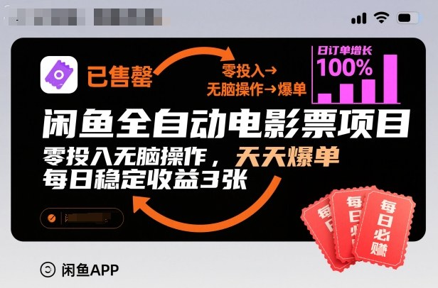 闲鱼全自动电影票项目，零投入无脑操作，天天爆单，每日稳定收益3张【揭秘】-朽念云创