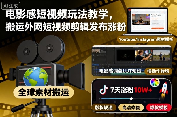 电影感短视频玩法教学，搬运外网短视频剪辑发布涨粉-朽念云创