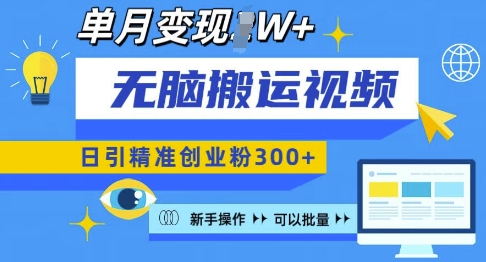 无脑搬运视频号可批量复制，新手即可操作，日引精准创业粉300+，月变现过W 【揭秘】-朽念云创