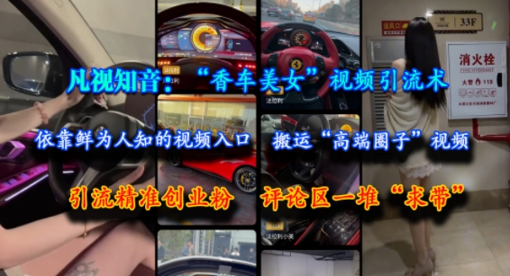 凡视知音：“香车美女”视频引流术，依靠鲜为人知的视频入口，搬运“高端圈子”视频，引流精准创业粉，评论区一堆“求带”-朽念云创