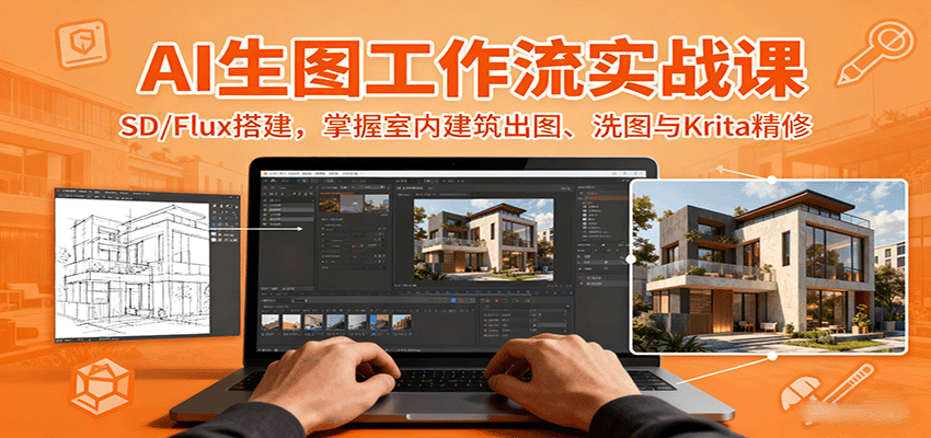 AI生图工作流实战课：SD/Flux搭建，掌握室内建筑出图、洗图与Krita精修-朽念云创