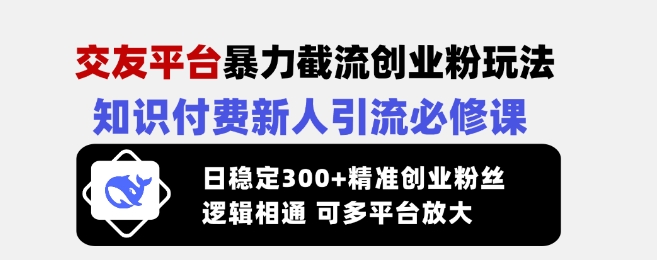 交友平台暴力截流创业粉玩法，知识付费新人引流必修课，日稳定300+精准创业粉丝，逻辑相通可多平台放大-朽念云创