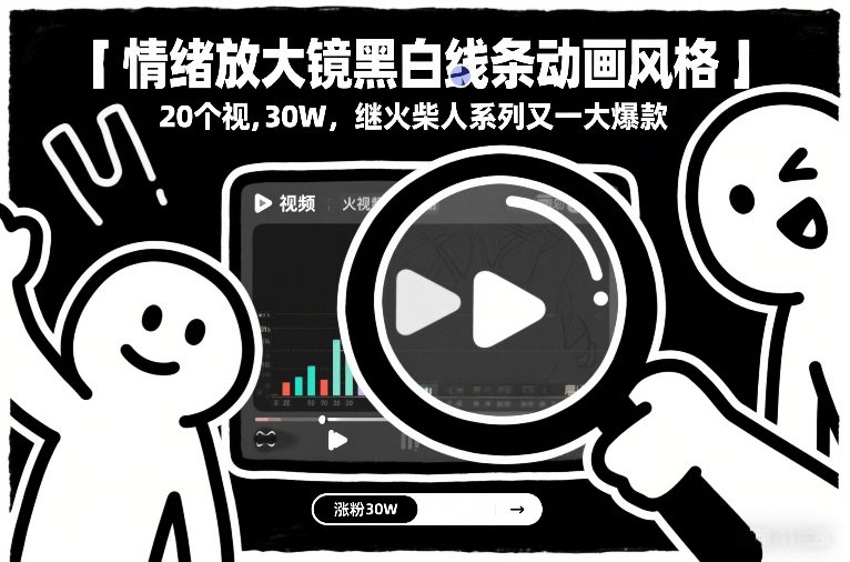 情绪放大镜黑白线条动画风格，20个视频，涨粉30W，继火柴人系列又一大爆款-朽念云创