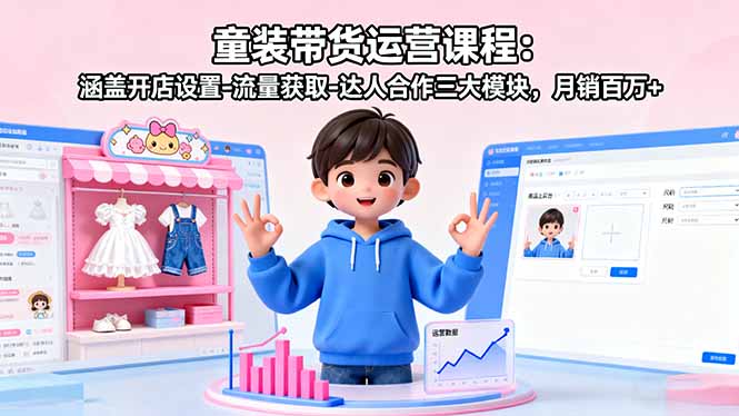 童装带货运营课程：涵盖开店设置-流量获取-达人合作三大模块，月销百万+-朽念云创