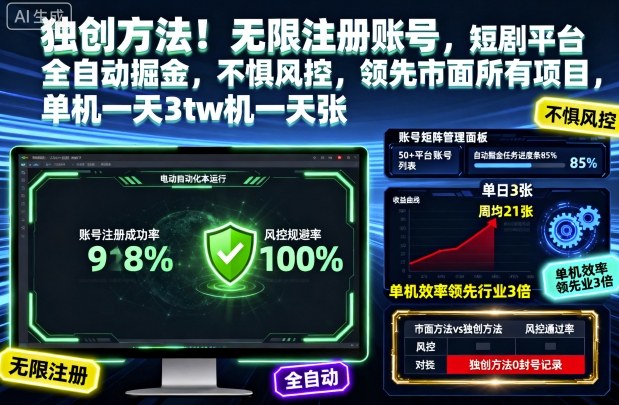 独创方法！无限注册账号，短剧平台全自动掘金，不惧风控，领先市面所有项目，单机一天3张【揭秘】-朽念云创
