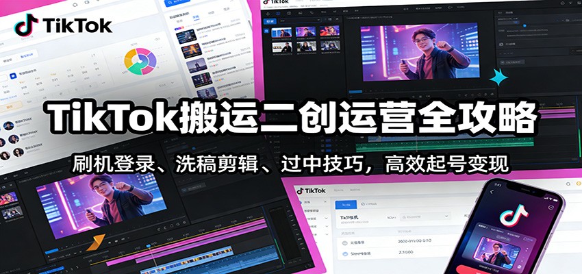 TikTok搬运二创运营全攻略：刷机登录、洗稿剪辑 、过中技巧，高效起号变现-朽念云创
