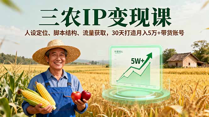 三农IP变现课，人设定位、脚本结构、流量获取，30天打造月入5万+带货账号-朽念云创