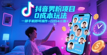 抖音男粉项目0成本玩法,一部手机即可操作,日均4张+,时间自由-朽念云创