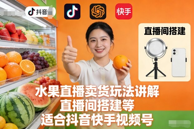 水果直播卖货玩法讲解、直播间搭建等,适合抖音快手视频号-朽念云创