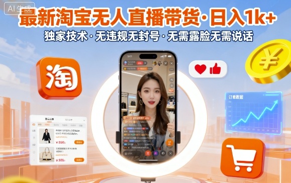 最新淘宝无人直播带货，日入1k+，独家技术，无违规无封号，无需露脸无需说话【揭秘】-朽念云创