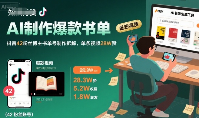 AI制作爆款书单，抖音42粉丝博主书单号制作拆解，单条视频28W赞-朽念云创