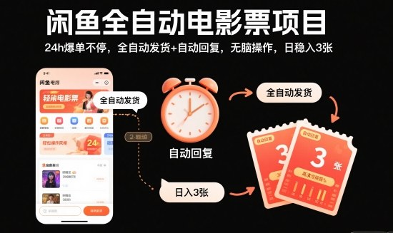 闲鱼全自动电影票项目，24h爆单不停，全自动发货+自动回复，无脑操作，日稳入3张【揭秘】-朽念云创