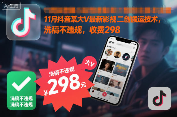 11月抖音某大V最新影视二创搬运技术，洗稿不违规，收费298-朽念云创