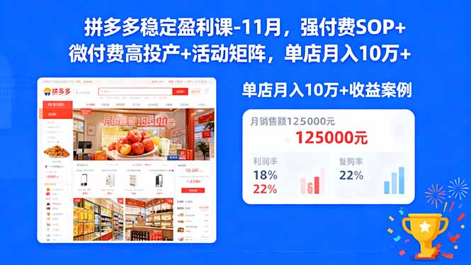 拼多多稳定盈利课-11月，强付费SOP+微付费高投产+活动矩阵，单店月入10万+-朽念云创