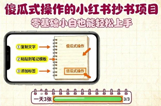傻瓜式操作的小红书抄书项目，会复制粘贴就行，零基础小白也能一天3张-朽念云创