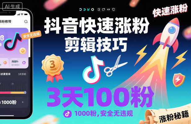 抖音快速涨粉剪辑技巧，3天1000粉，安全无违规-朽念云创