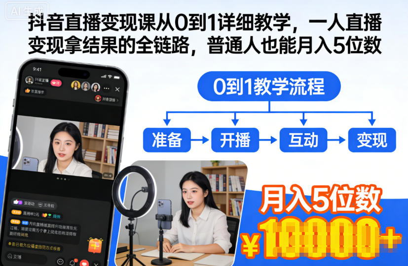 抖音直播变现课从0到1详细教学，一人直播变现拿结果的全链路，普通人也能月入5位数-朽念云创