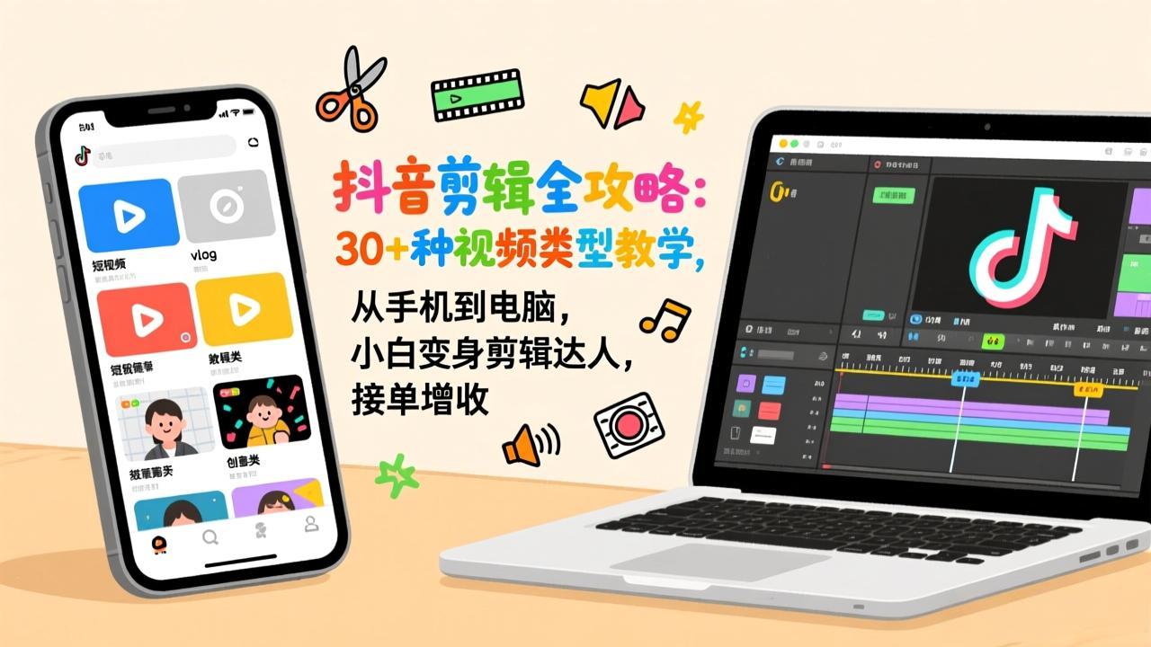 抖音剪辑全攻略：30+种视频类型教学，从手机到电脑，小白变身剪辑达人，接单增收-朽念云创