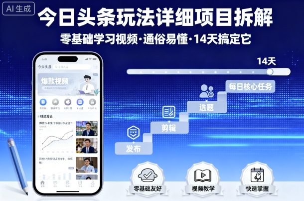 今日头条玩法详细项目拆解，零基础学习视频 通俗易懂 14天搞定它-朽念云创