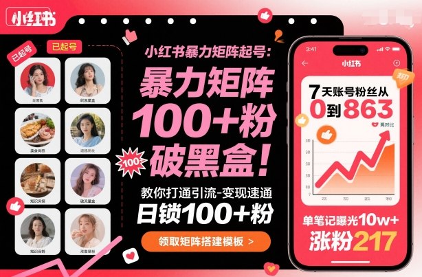 小红书暴力矩阵起号，教你打通引流-变现速通，日锁100+粉，破流量黑盒-朽念云创