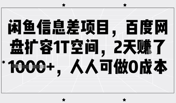 闲鱼信息差项目，百度网盘扩容1T空间，2天收益1k+，人人可做0成本-朽念云创