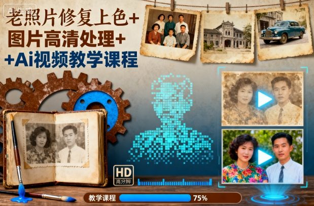 老照片修复上色+图片高清处理+Ai视频教学课程-朽念云创