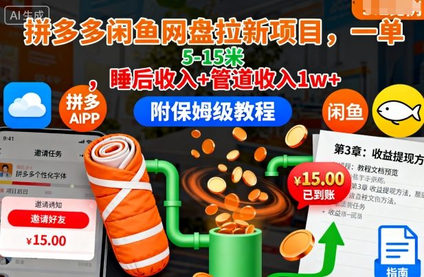 拼多多闲鱼网盘拉新项目，一单5-15米，睡后收入+管道收入1w+(附保姆级教程)-朽念云创