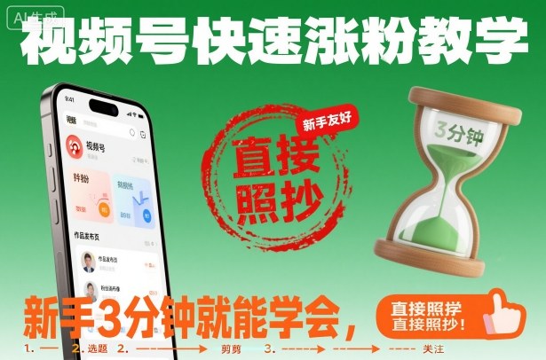 视频号快速涨粉教学，新手3分钟就能学会，直接照抄！-朽念云创