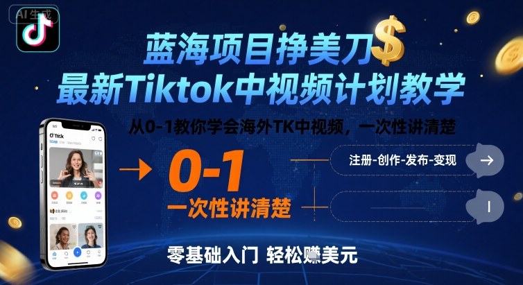 蓝海项目挣美刀,最新Tiktok中视频计划教学,从0-1教你学会海外TK中视频,一次性讲清楚-朽念云创