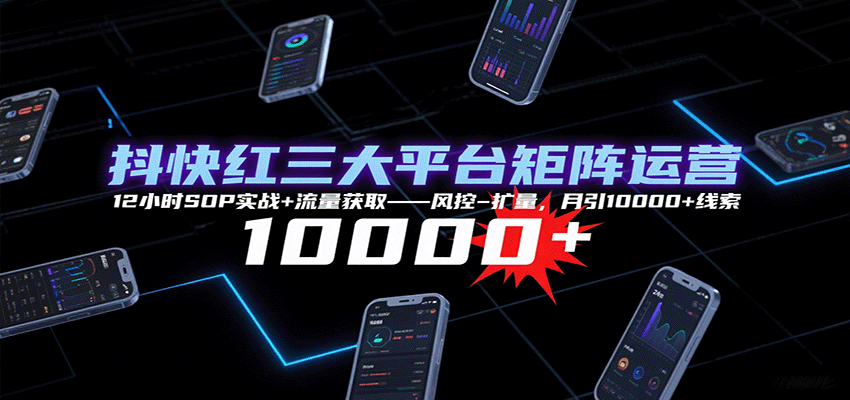 抖快红三大平台矩阵运营，12小时SOP实战+流量获取-风控-扩量，月引10000+线索-朽念云创