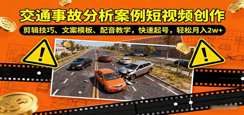 交通事故分析案例短视频创作，剪辑技巧、文案模板、配音教学，快速起号，轻松月入2w+-朽念云创