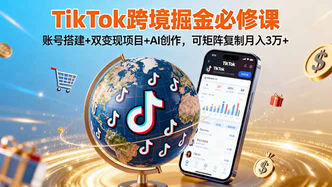 TikTo跨境掘金必修课，账号搭建+双变现项目+AI创作，可矩阵复制月入3万+-朽念云创
